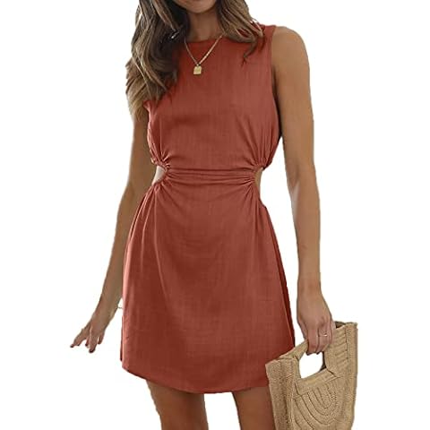 Womens Casual Sleeveless High Stretchy Cut Out Waist Crew Neck Solid Color Ruffled Mini Dresses for Summer Cover