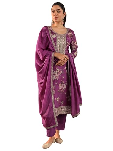 Image of Libas Womens Printed Silk Blend Straight Kurta With Palazzos and Dupatta | daily wear suit