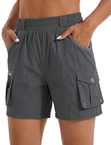 luvamia Womens Golf Shorts with Pockets Hiking Clothes for Women Quick Dry Shorts for Women Elastic Waist Pull On Quick Dry Zipper Pockets Lightweight Camping 5 Inches Inseam Dark Gray Medium