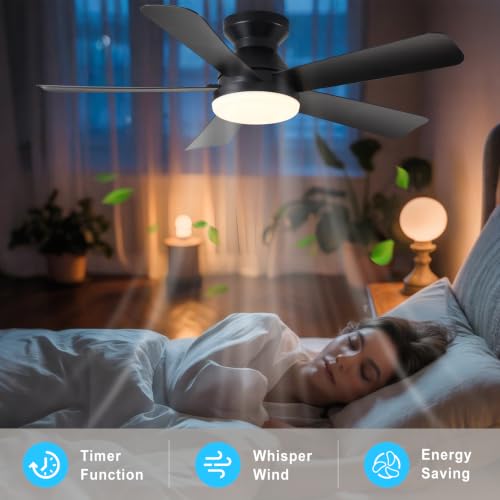 Image of Depuley Ceiling Fan with RGB Light: 42-Inch Black Small Fans for Bedroom Indoor Outdoor - Dimmable Low Profile Ceiling Fans with Remote Control Flush Mount 5 Reversible Black Blades 6 Speeds Timer