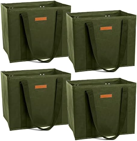 Gramercy Kitchen Reusable Grocery Bags, Reusable Shopping Bags, Tote Bags Bulk, Utility Tote, Bulk Tote Bags - Washable (Army Green, Set of 4)