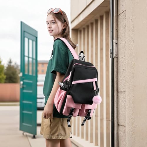 FSRONGXI School Backpacks Women, Black School Bag for Teenager Girls, 15Inch Laptop Rucksack Casual Daypack Backpack for Travel College Work Students Bookbag - Image 3