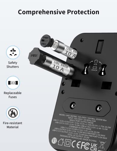 Image of MOMAX PD35W Travel Adapter, Universal Adapter Socket with 3USB-C, 2USB-A and 1AC, International Plug Adapter France to USA Canada UK Australia China Japan Black
