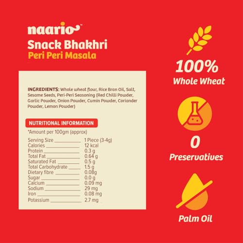 Image of NAARIO Baked Bhakri Peri Peri Healthy Snack | High-Fibre, Whole Wheat Baked Bhakhri Spicy Flavour | Perfect for Guilt-Free Munching | 100g Pack of 1