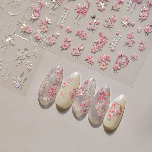 3D Spring Floral Nail Art Stickers, Pink and White Peach Pear Cherry Blossoms Design, Decorative Nail Decals (Delicate flower)