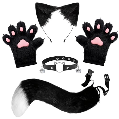 YAEGIMHT Katzenkostüm Kinder 14+Jahre Erwachsener, Fäustlinge Furry Kostüm mit Haarreif, Handschuhen, Glockenhalsband, Wolf Fuchs Kostüm Herren Damne für Halloween Karneval (Schwarzweiß)