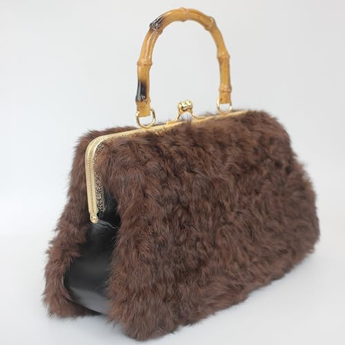 Luxury Faux Karakul Curly Rabbit Fur Handbag with Bamboo-Style Handle and Gold Kisslock Frame4