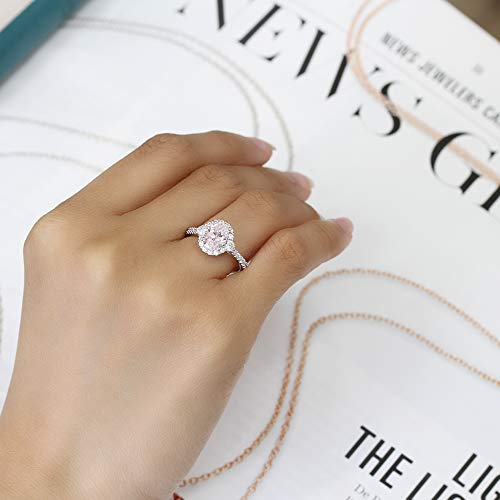 Platinum Plated 925 Sterling Silver Ring 1.2 Carat Oval Super Light Pink Cz Stone Halo Ladies Cocktail Ring (Size 5 To 9), 9 #TOP4