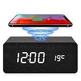 IDGAN Digital Wooden Alarm Clock with Qi Wireless Charging, Compatible with iPhone Samsung, 3 Alarm...