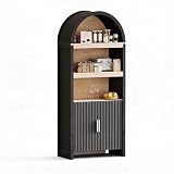 LEISULIF 71" Tall Arched Cabinet with Storage, Mid-Century Modern Wooden Bookshelf Bookcase, Kitchen Pantry Display Cabinet with Open Adjustable Shelves for Living Room Home Office, Black