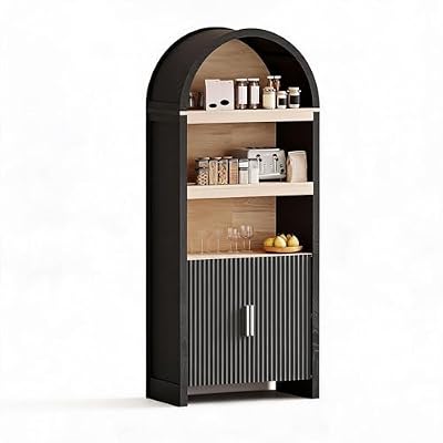 LEISULIF 71" Tall Arched Cabinet with Storage, Mid-Century Modern Wooden Bookshelf Bookcase, Kitchen Pantry Display Cabinet with Open Adjustable Shelves for Living Room Home Office, Black