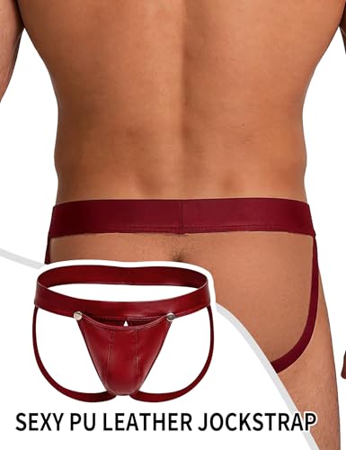 ohyeahlady PU Leder Strings für Herren Tanga mit Öffnung Sexy Unterwäsche Große Größen Dessous Reizwäsche Ouvert Slip Wetlook Unterhosen Thong Low-Rise Pouch Underwear Jockstrap Briefs Rot XL