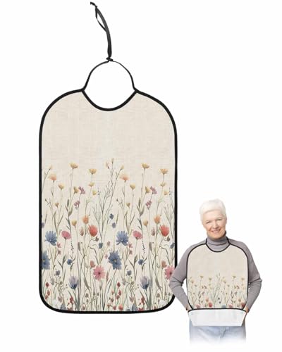Onekaccu Blue Yellow Red Flower Adult Bibs for Elderly Women Men Washable Bibs for Eating, Retro Country Wild Floral Beige Waterproof Clothing Protectors Adult Bibs with Crumb Catcher