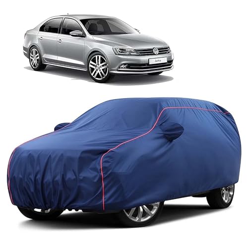 Image of Sulfar 100% Water Resistant Car Body Cover Compatible with Mirror for Volkswagen Jetta (Triple Stitched, Full Bottom Elastic, Blue Taffeta with Red Piping)