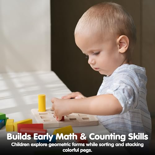 Image of PlanToys Geometric Peg Board Wooden Shape Sorting & Stacking Toy for Kids Ages 2+ | Montessori STEM Toy for Fine Motor Skills, Color Learning & Coordination | Eco-Friendly Educational Activity