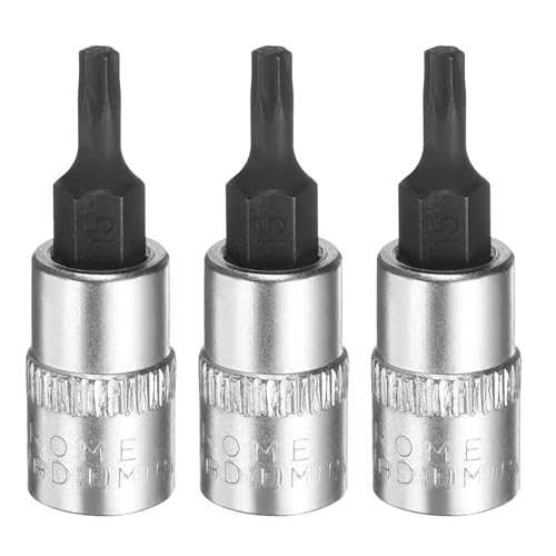 sourcing map 3pcs T15 Torx Bit Socket 1/4" Square Drive Star 6 Point Extension Impact Bit Power Nut Driver Set S2 & CR-V Steel Socket Ratchet Wrench Bits, Silver Black