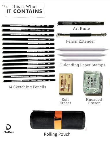 Image of DaKos 22 Pieces Professional Sketching & Drawing Art Tool Kit with Graphite Pencils, Charcoal Pencils, Paper Erasable Pen, Craft Cutter-Lightwish (with Canvas Rolling Pouch)