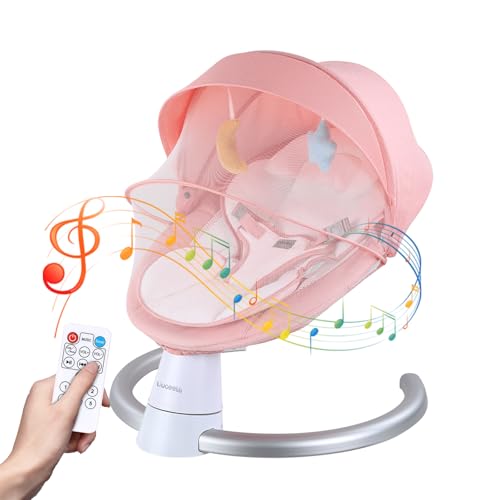 Uuoeebb Electric Baby Bouncer with Bluetooth, Baby Bouncer Chair with 5 Swing Speed, 3-Stage Timer and Remote Control, Portable Swing Chair from Birth for 0 Months Plus Newborn Boys Girls (Pink)