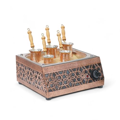 Traditional Handcrafted Copper Sand Coffee Maker Machine – With 5-Pots – 1000 W, 110 Volt – Authentic Turkish Coffee Experience rich in foam