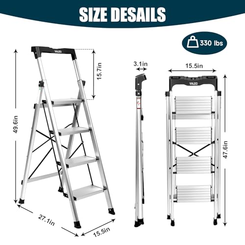 Valeo Aluminium 4 Step Ladder with Retractable Handgrip,Anti-Slip Pedal,330 lbs Capacity,Folding Step Stool for Kitchen, Garage, Home, Space Saving, Sturdy and Portable, Silver by Valeo - Image 3