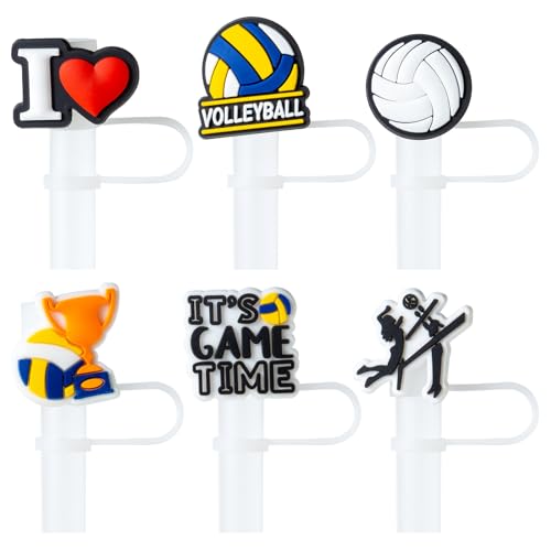 6Pcs Volleyball Straw Cover Cap for Stanley Cup, 10mm Cute White Drinking Straw Topper Accessories for 40oz 30oz Stanley Tumbler with Handle, Portable Reusable Protector Plugs Decor Gifts for Women