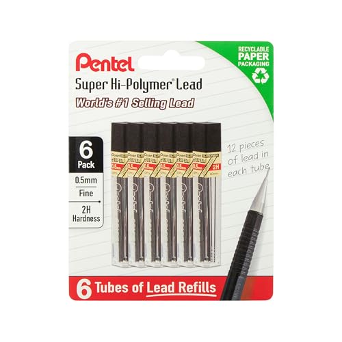 Pentel Super Hi-Polymer Lead Refills, 0.5 mm, 2H, 72 Pieces (12 pcs per tube, 6 tubes)