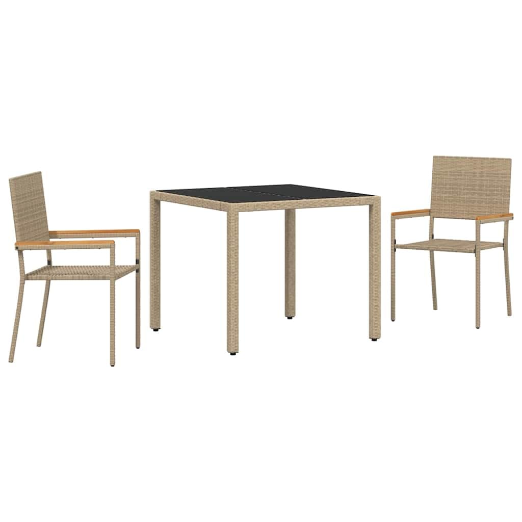 Conjunto de comedor de jardín de 3 piezas de polirratán beige con mesa de 90x90