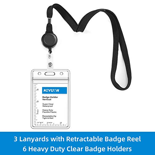 Keylion Cruise Lanyard With Id Holder Sets (Black,3 Pack)- Flat Id Lanyard With Retractable Badge Reel & Heavy Duty Clear Vertical Id Card Name Badge Holder #TOP1