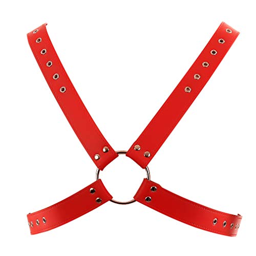 Leather Harness Men Punk Leather Body Chest Belt Half Harness Adjustable Black Plus Size Halloween Rave clothing (Red)
