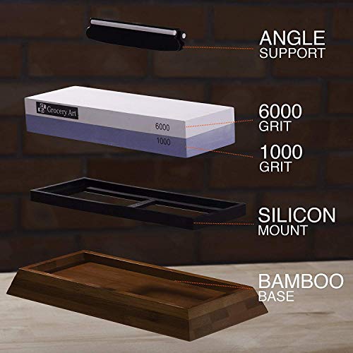 Grocery Art Whetstone Knife Sharpener - Knife Sharpening Stone - Waterstone 1000-6000 Grit with Non-Slip Bamboo Base and Angle Guide - Best Wet Stone Kitchen Knives Sharpening Kit