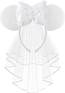 JIAHANG Bridal Veil Mouse Ear Bow Headband with Flowers, White Honeymoon Wedding Headpiece, Bachelorette Party Headwear for Women Girls