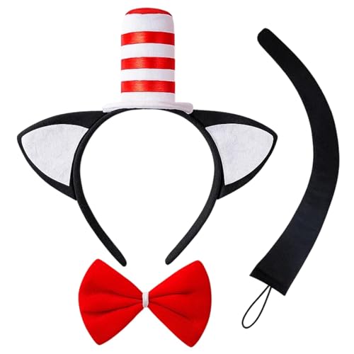 SrgPui 3-Piece Cat In The Hat Costume Adult Cat Ears And Tail Set Black Cat Ears And Tail For Themed Parties And Cosplay Headband Bow Tie And Tail For Dress Up and World Nook Day Costumes