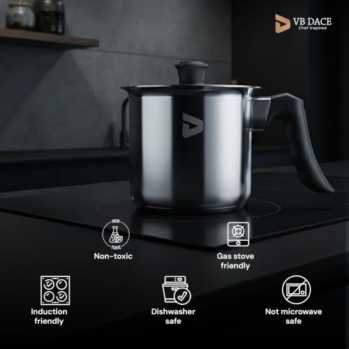 Image of VB DACE Stainless Steel Milk Pot with Lid, 1300 ml Total Capacity, Sandwich Bottom, Heavy-Gauge Stainless Steel, Induction & Gas Stove Compatible, Ergonomic Heat-Resistant Handle
