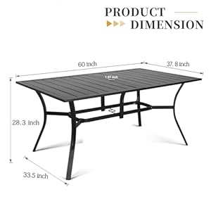 SOLAURA Outdoor Dining Table 60 x 38 Patio Metal Steel Slat Table for 6 Person with 157 Umbrella Hole for Gardens or Backyards Black