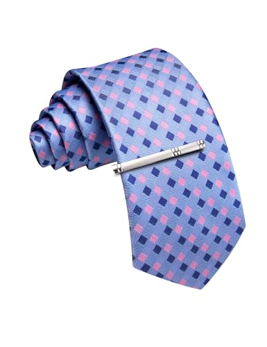 Image of Barry.Wang Plaid Ties Mens Silk Necktie and Tie Clip Checkered Tie for Wedding Party Business Formal