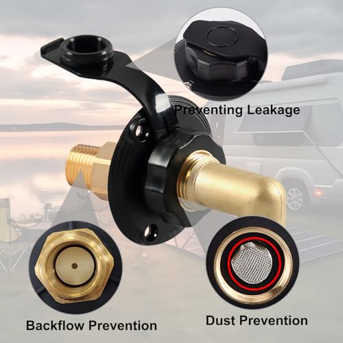 Image of RV City Water Inlet with Check Valve - RV Water Inlet Connection, RV Water Fill Inlet with 3 /4 inch NH Female to 1 /2 inch NPT Male, Ideal for RV, Travel Trailers, Camping, and Boats in Black (with Hose Elbow)