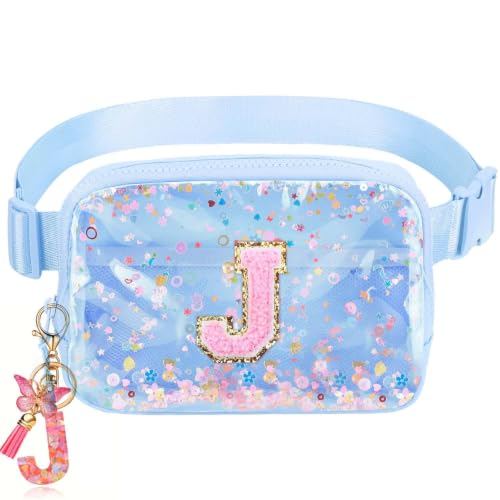 Image of Initial Fanny Pack for Girls - Belt Bag for Teens Kid Teen Girl Kid Birthday Gift Blue Clear J