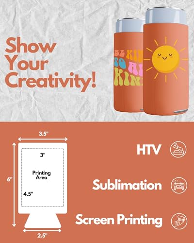 Image of PartyPrints 100 Pack Orange Blank Slim Can Cooler Sleeves | Plain Seltzer Customizable Bulk Coolers for Beer Bottles & 12oz Tall Cans | Skinny Collapsible Drink Insulated Sleeve
