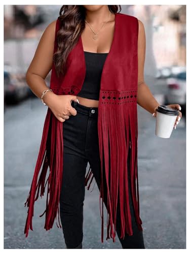 Women's Plus Size Western Fringe Vest Vintage Tassel 70s Hippie Sleeveless Jackets Cowgirl Outfit3