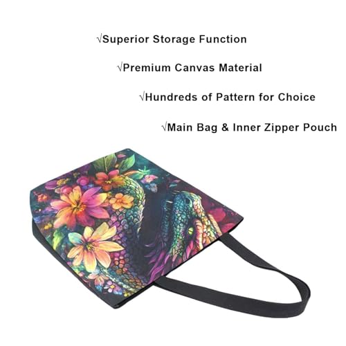Extra Large Shoulder Tote Bag for Beach Travel Weekender Gym Colorful Dragon Flowers Reusable Grocery Canvas Shopping Bag4