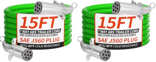 Image of PlugSaf 7 Way Trailer Cord 15 FT ABS Heavy Duty, Flexible -85F Cold Resistance Straight Electrical Power Cable Green for Semi Trailers Trucks Tractors, 4 /12+2 /10+1 /8 Gauge Wire Cable (Pack of 2)