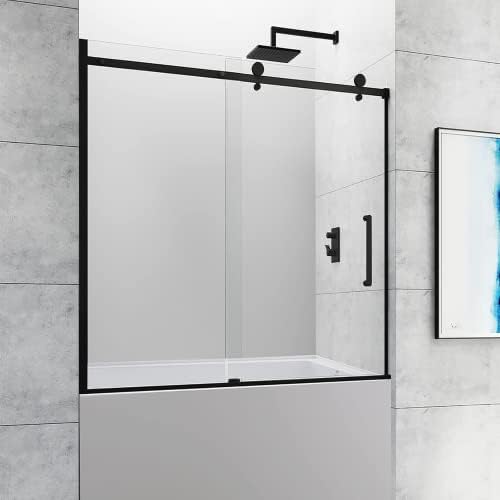 CKB Tampa Single Sliding Frameless Bathtub Shower Doors, 56-60 inch Width Adjustable x 60 inch Height, 5/16 inch Tempered Glass with Hardware Kit, Matte Black.