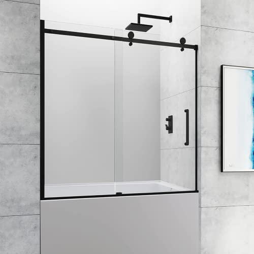 Ckb Tampa Single Sliding Frameless Bathtub Shower Doors, 56-60 Inch Width Adjustable X 60 Inch Height, 5/16 Inch Tempered Glass With Hardware Kit, Matte Black. #TOP14