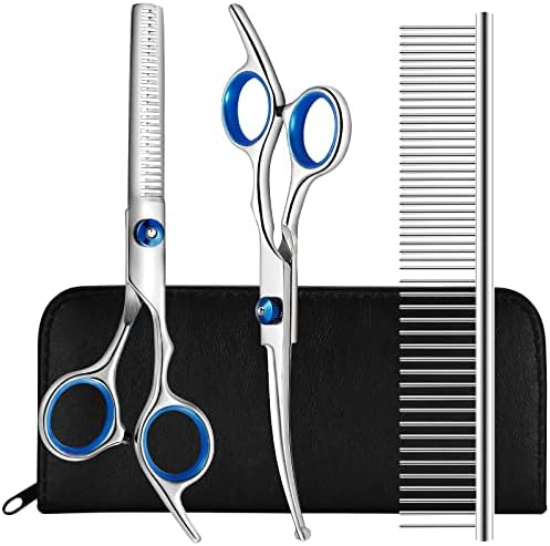 Dog Grooming Scissors Kit with Safety Round Tips, Liren Professional 4 in 1 Dog Grooming Shears Set, Sharp and Durable Pet Grooming Shears for Dogs and Cats