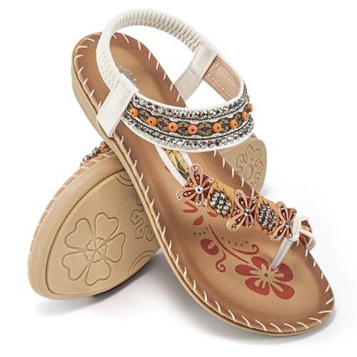 Image of Ablanczoom Flat Sandals for Women Summer: Casual Boho Beaded Toe Ring Dress Shoes - Comfortable Vacation Daily Walking Shoes