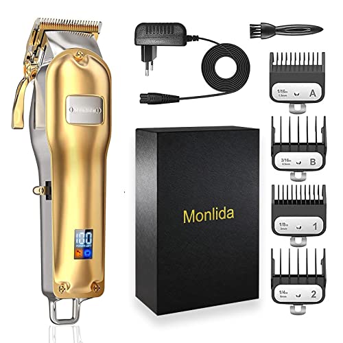 Monlida Máquina Cortar Pelo, Hombre Maquina de Cortar el Pelo con batería de Iones de Litio LCD Recargable de 2500mAh, Potente Motor, Longitud de Bloqueo con 0.79-1.59mm, 4 Sabots