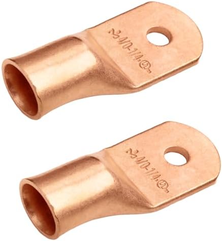 SELTERM 2pcs 4/0 AWG 1/4" Stud Copper Wire Lugs, Battery Lugs, Ring Terminals, Battery Cable Ends, 0000 Gauge Ring Terminal Connectors, UL Heavy Duty Bare Copper Eyelets Battery Terminal Connectors