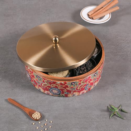 Image of Wooden Masala & Chapati Box Combo - Wooden Masala Box (7 Stainless Steel Jars + Spoon) & Wooden Chapati /Roti Box (Stainless Steel Brass Lid + Tong) - Red & Golden (Printed)