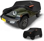 Car Cover Waterproof All Weather Sun Rain Protection Full Exterior Cover for Jeep Wrangler 4DR Black with Left Side Zippers | Black, 190T-PU, 490x190x150cm, Outdoor, Anti-UV, Rain and Sun Protection, Reflective Strips