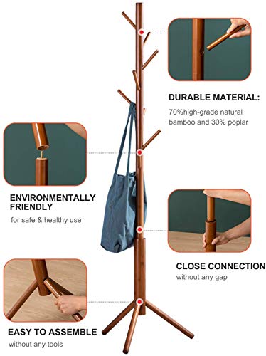 Image of Ginoya Brothers Wooden Coat Rack, Freestanding Hall Tree with Hooks Easy to Assemble Suitable for Children and Adult, Hat Clothes Rack Stand for Bedroom Office Entrance. (92-2 Walnut)